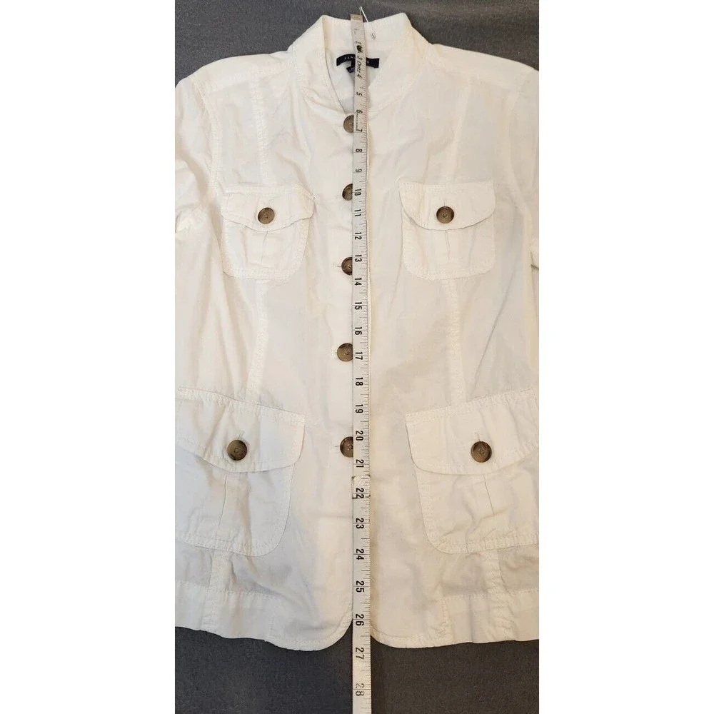 Women White 100% Cotton Military Jacket Land's End, Button‎ Front Size M